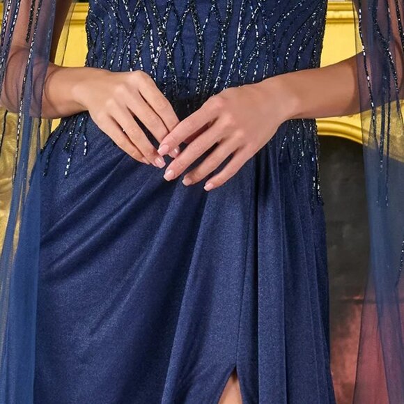 New Long Sheath Mesh MOB Gown w/ Long Cape Sleeves & Beads Embrodiery GL3784 - Picture 7 of 14